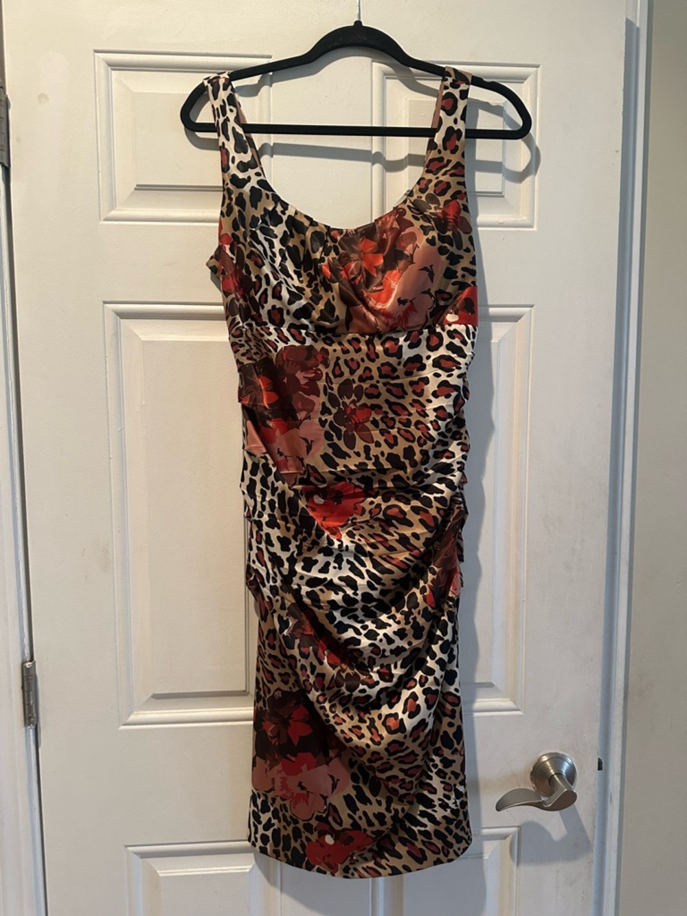Signaturew by Sangria Leopard Print Midi Dress with Red Floral Accents